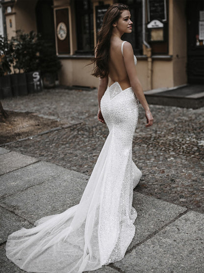 Sparkling Mermaid Beach Wedding Dresses Spaghetti Sequins Beads Backless Sweep Train Tulle Bridal Gowns Custom Made