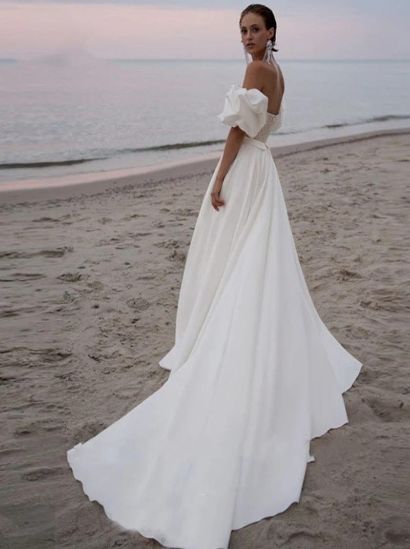 Simple Beach A-Line Wedding Dresses Sweetheart Beads Pleated Detachable Sleeves Sweep Train Backless Satin Bridal Gowns Custom Made