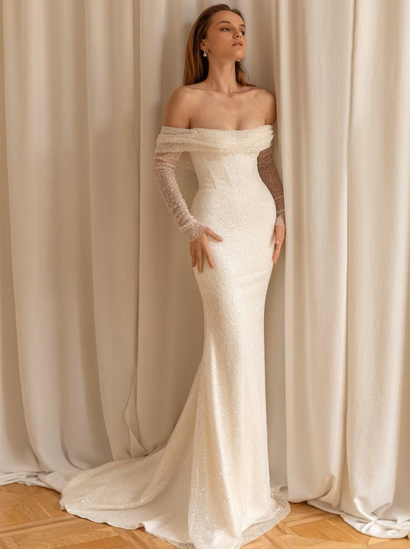 Sexy & Sparkling Mermaid Wedding Dresses Off The Shoulder Long Sleeves Sequins Boho Bridal Gowns With Detachable Train