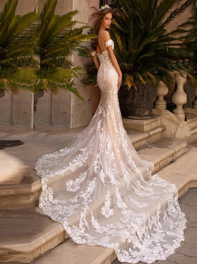 Sexy Mermaid Lace Wedding Dresses Sweetheart Off The Shoulder Sleeveless Court Train Lace Bridal Gowns