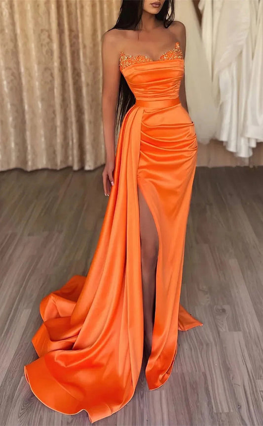 RP076-Orange Mermaid Sweetheart Sleeveless Beaded Pleated High Side Slit Court Train Satin Prom Dresses Formal Party Evening Gowns