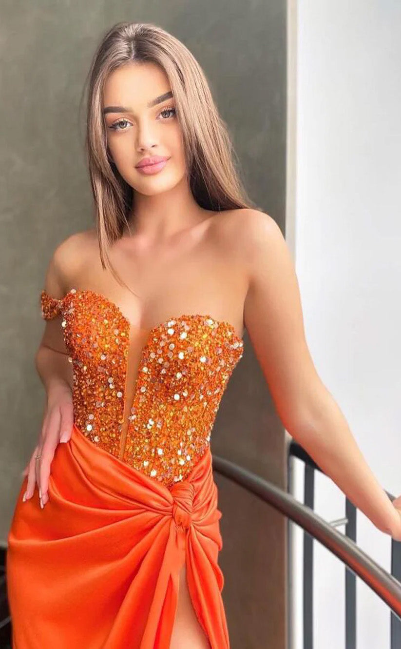 RP020-Sparkling Orange Mermaid Sweetheart Beads Sequins Satin Long Prom Evening Dresses Formal Party Gowns With Slit