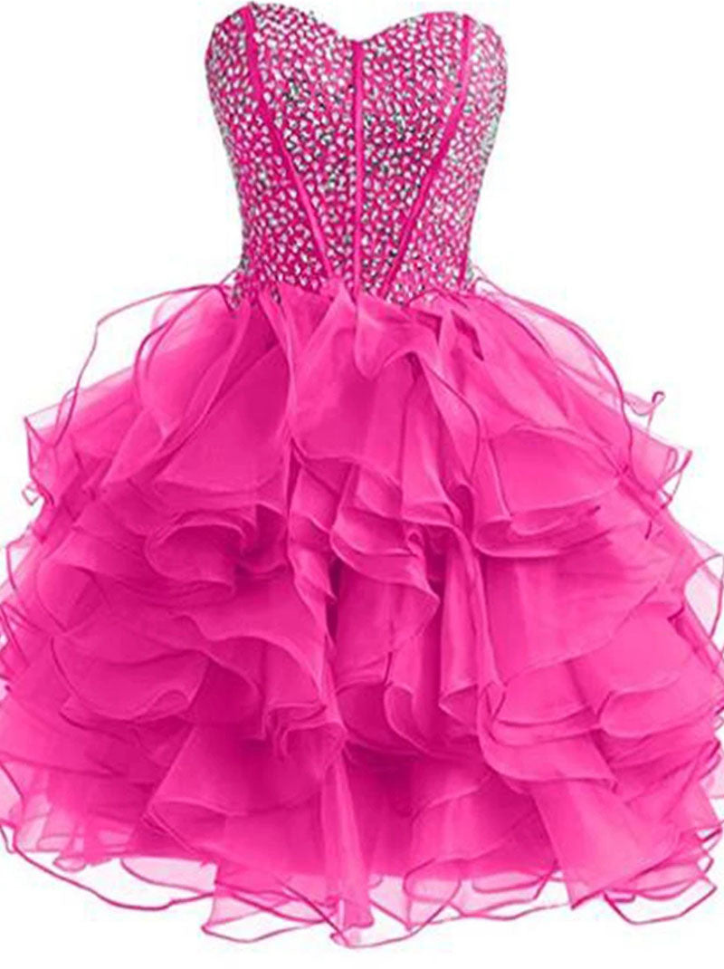 Cute Sparkling A-Line Sweetheart Crystals Beads Ruffles Lace up Organza Homecoming Dresses Soiree Robe Fashion Special Occasion Cocktail Graduation Party Gown Custom