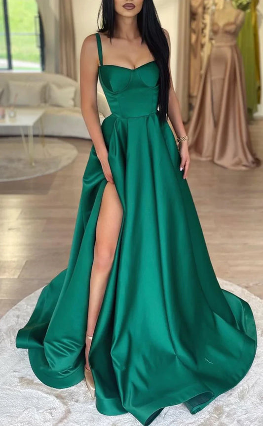 RP1768-Elegant Green A-Line Spaghetti Pleated Sleeveless Satin Prom Evening Dresses Formal Party Gowns With Slit