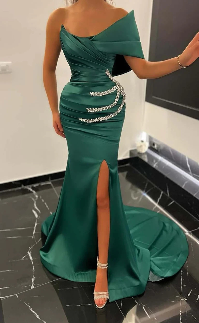 RP796-Green Mermaid One Shoulder Ruched Beads Sleeveless Long Prom Evening Dresses Formal Party Gowns With Slit