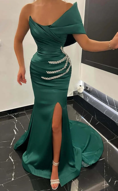 RP796-Green Mermaid One Shoulder Ruched Beads Sleeveless Long Prom Evening Dresses Formal Party Gowns With Slit