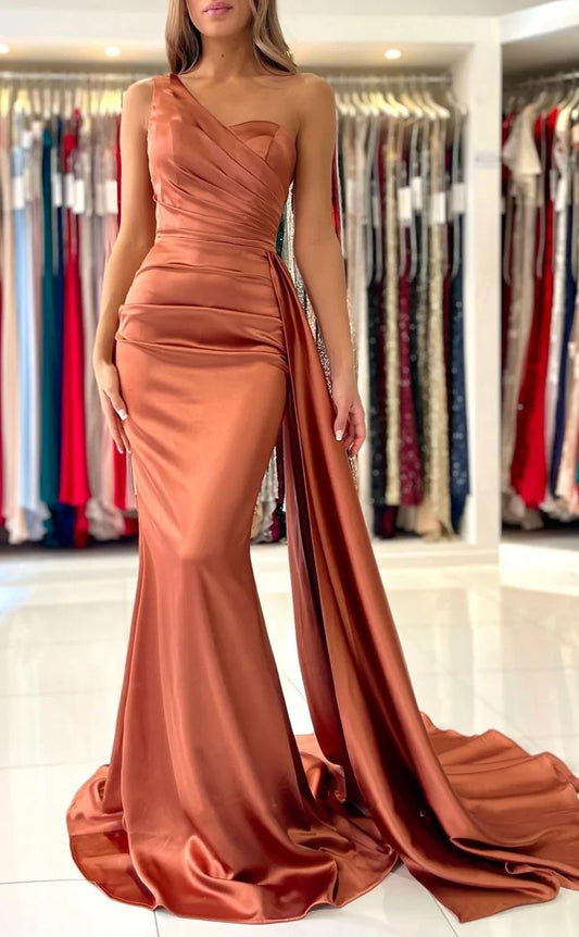 RP1735-Elegant Orange Mermaid One Shoulder Ruched Sleeveless Satin Prom Evening Dresses Formal Party Gowns With Train