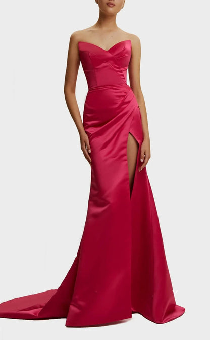 RP1254-Elegant Fuchsia Mermaid Sweetheart Ruched Sleeveless Satin Prom Evening Dresses Formal Party Gowns With Slit