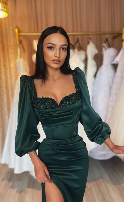 RP889-Elegant Green Mermaid Sweetheart Sequins Long Sleeves Satin Prom Evening Dresses Formal Party Gowns With Slit