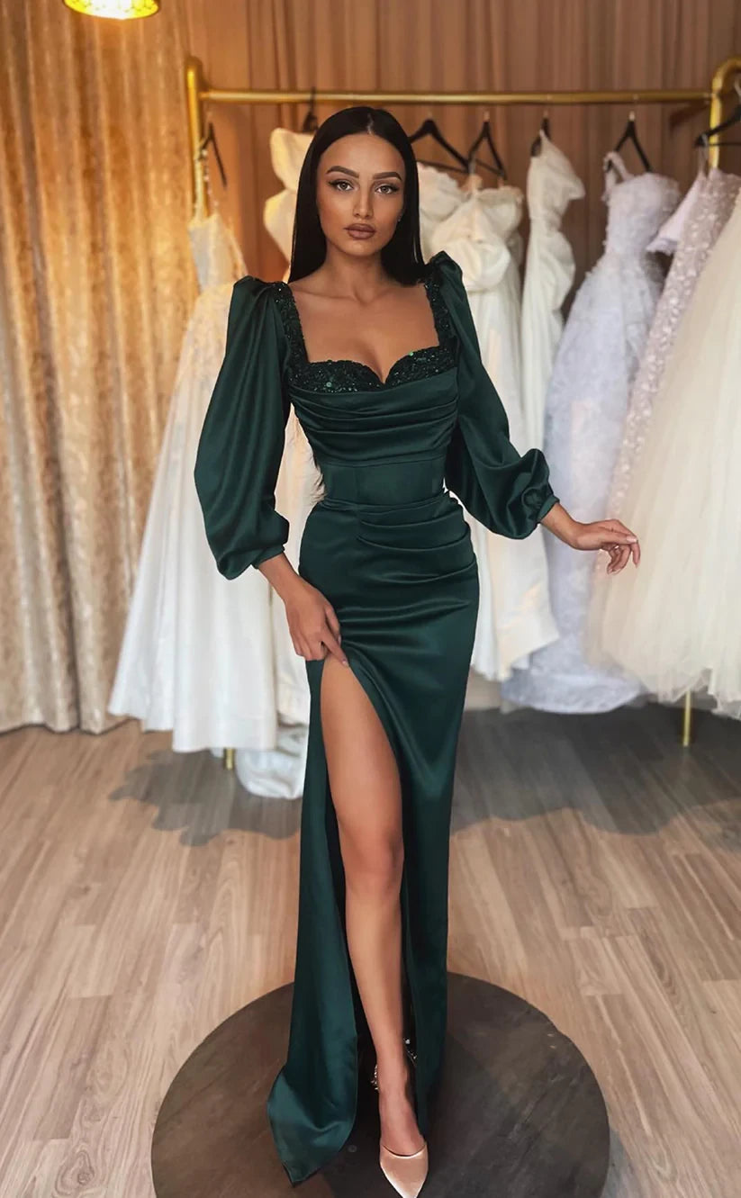 RP889-Elegant Green Mermaid Sweetheart Sequins Long Sleeves Satin Prom Evening Dresses Formal Party Gowns With Slit