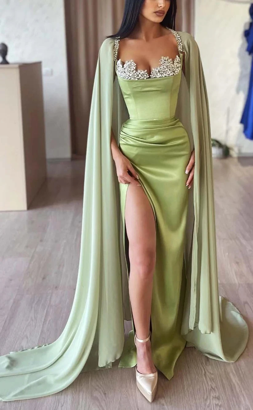 RP790-Elegant Green Mermaid Spaghetti Ruched Crystals Sleeveless Long Prom Evening Dresses Formal Party Gowns With Slit