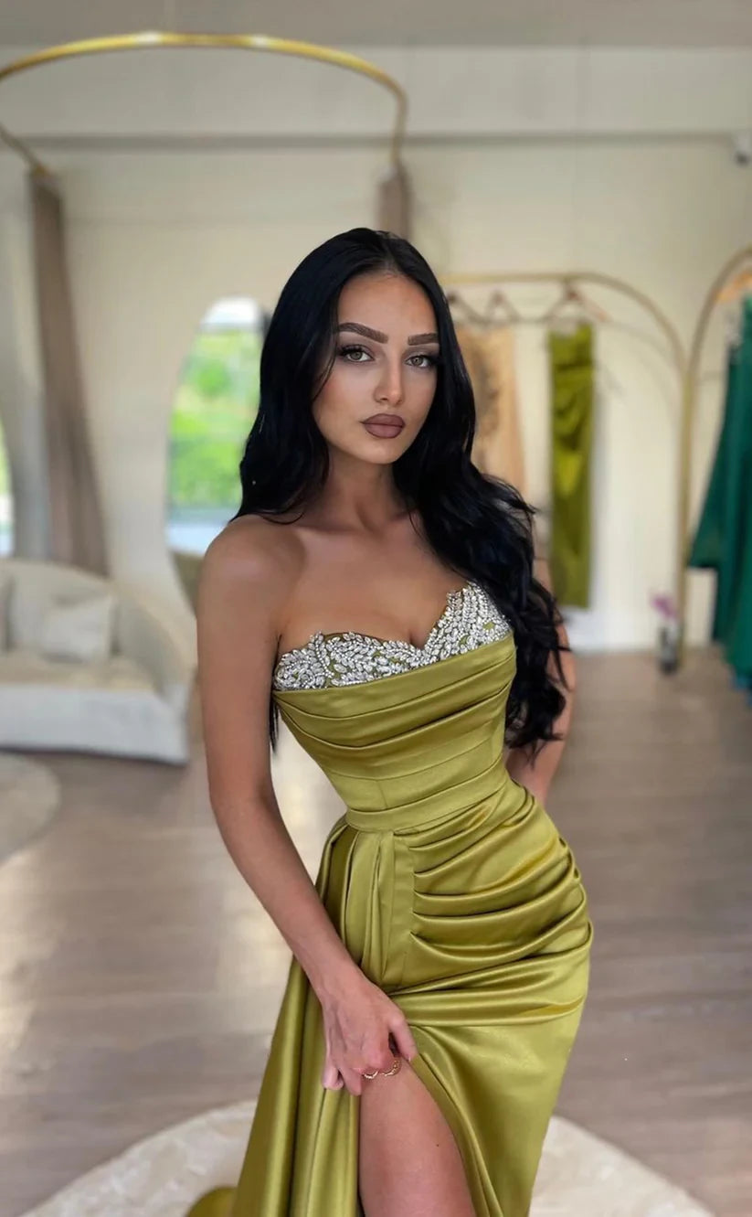 RP1784-Elegant Olive Mermaid Sweetheart Crystals Sleeveless Satin Prom Evening Dresses Formal Party Gowns With Slit