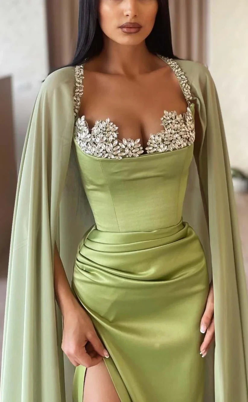 RP790-Elegant Green Mermaid Spaghetti Ruched Crystals Sleeveless Long Prom Evening Dresses Formal Party Gowns With Slit