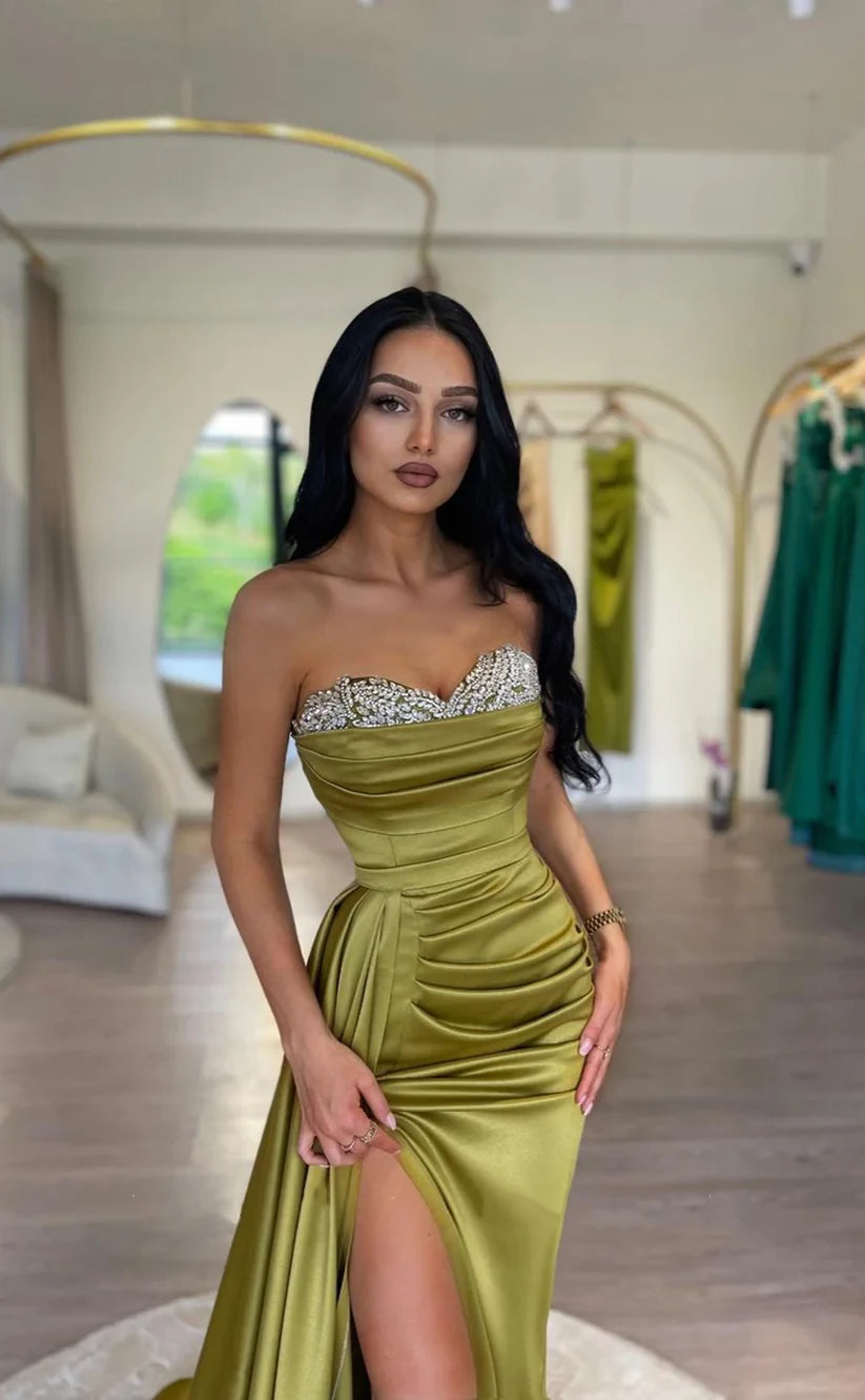 RP1784-Elegant Olive Mermaid Sweetheart Crystals Sleeveless Satin Prom Evening Dresses Formal Party Gowns With Slit