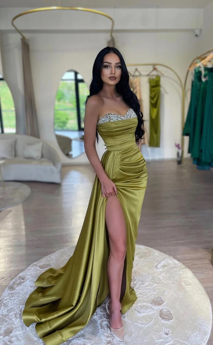 RP1784-Elegant Olive Mermaid Sweetheart Crystals Sleeveless Satin Prom Evening Dresses Formal Party Gowns With Slit