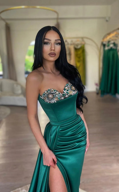 RP1783-Elegant Green Mermaid Sweetheart Appliqued Sleeveless Satin Prom Evening Dresses Formal Party Gowns With Slit