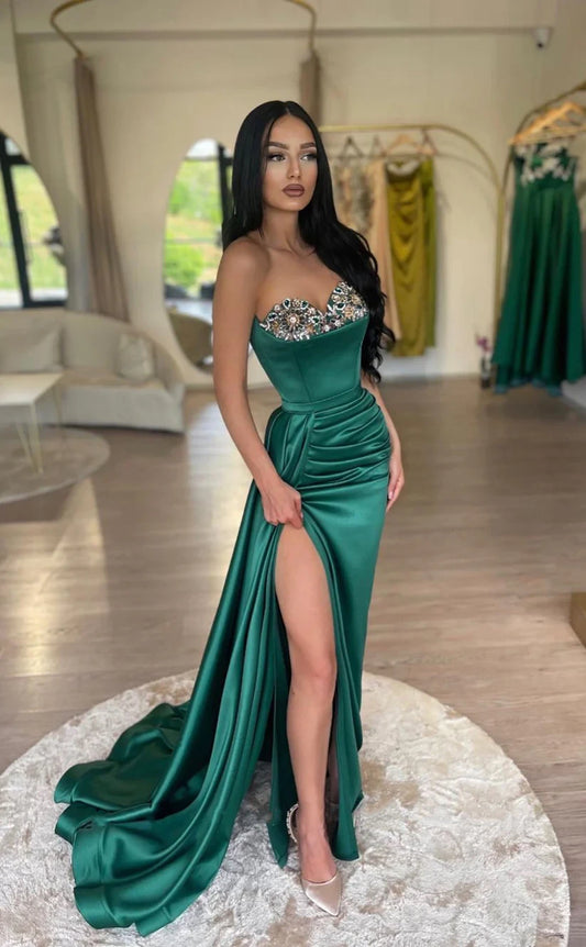 RP1783-Elegant Green Mermaid Sweetheart Appliqued Sleeveless Satin Prom Evening Dresses Formal Party Gowns With Slit