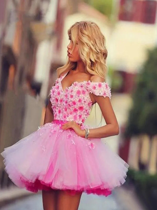 Lovely Pink A-Line Off the Shoulder Flowers Beads Ruffles Tulle Lace up Mini Homecoming Graduation Dresses Formal Occasions Party Gowns