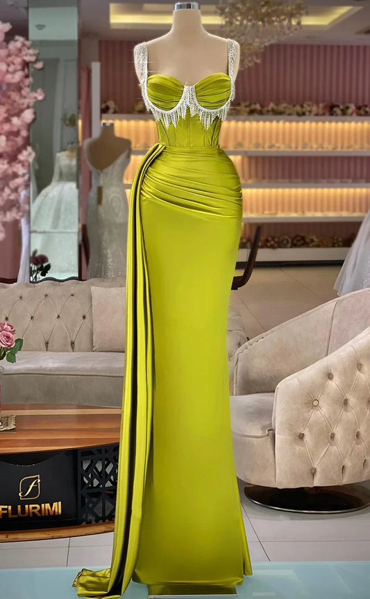 RP397-Gorgeous Green Mermaid Sweetheart Beaded Ruched Tassel Sleeveless Satin Prom Evening Dresses Formal Party Gowns With Slit