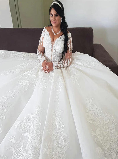 Luxury Ball Gown Wedding Dresses V-Neck Beads Appliques Illusion Long Sleeves Lace Up Court Train Bridal Gowns Custom Design