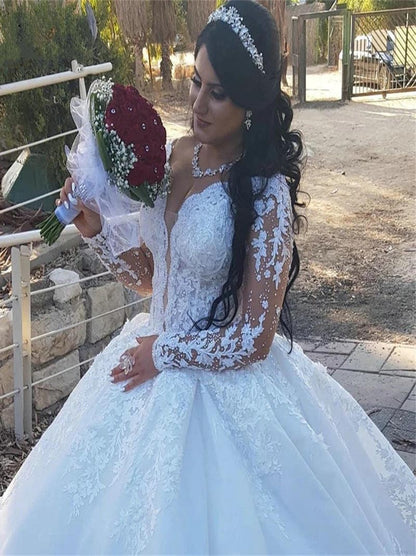 Luxury Ball Gown Wedding Dresses V-Neck Beads Appliques Illusion Long Sleeves Lace Up Court Train Bridal Gowns Custom Design