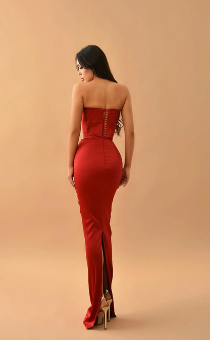 RP789-Elegant Red Mermaid Spaghetti Ruched Sleeveless Long Prom Evening Dresses Formal Party Gowns With Slit
