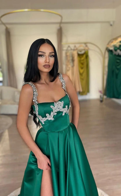 RP1785-Elegant Green A-Line Spaghetti Crystals Ruched Sleeveless Satin Prom Evening Dresses Formal Party Gowns With Slit