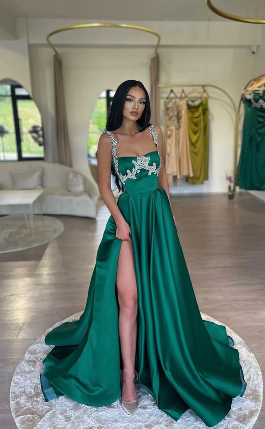 RP1785-Elegant Green A-Line Spaghetti Crystals Ruched Sleeveless Satin Prom Evening Dresses Formal Party Gowns With Slit