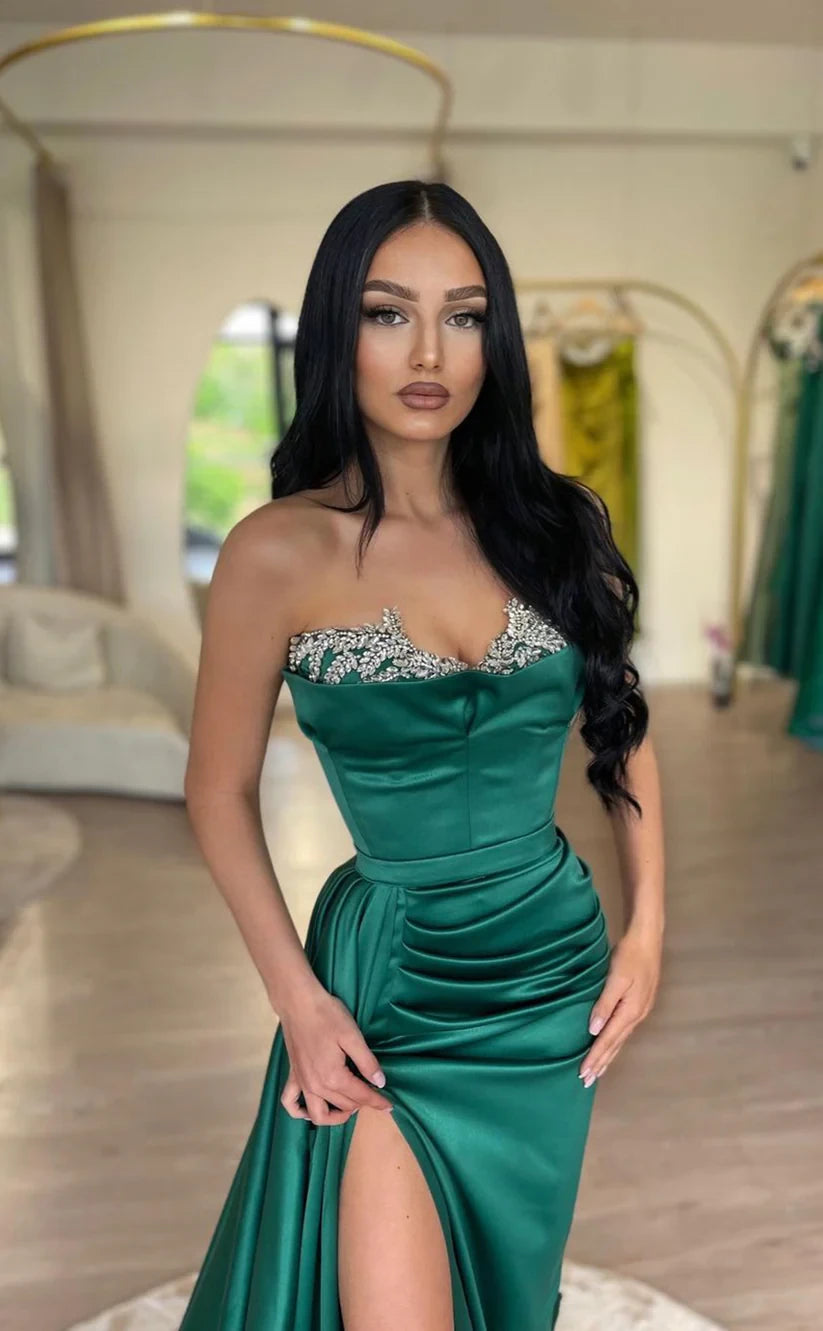 RP1782-Elegant Green Mermaid Sweetheart Crystals Sleeveless Satin Prom Evening Dresses Formal Party Gowns With Slit