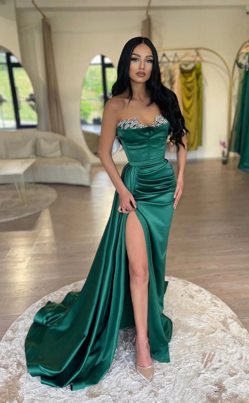 RP1782-Elegant Green Mermaid Sweetheart Crystals Sleeveless Satin Prom Evening Dresses Formal Party Gowns With Slit