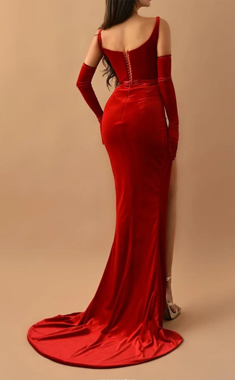 RP788-Elegant Red Mermaid Spaghetti Ruched Sleeveless Velvet Long Prom Evening Dresses Formal Party Gowns With Slit