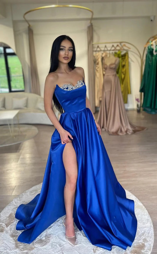 RP1781-Elegant Royal Blue A-Line Sweetheart Crystals Ruched Sleeveless Satin Prom Evening Dresses Formal Party Gowns With Slit