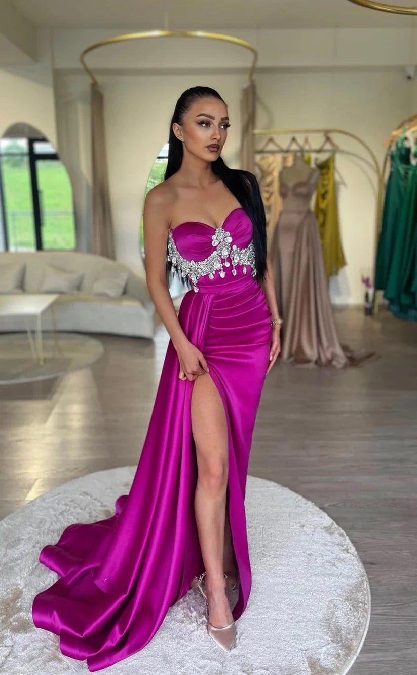 RP1779-Elegant Fuchsia Mermaid Sweetheart Crystals Sleeveless Satin Prom Evening Dresses Formal Party Gowns With Slit