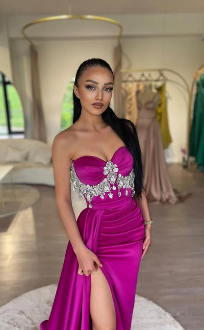 RP1779-Elegant Fuchsia Mermaid Sweetheart Crystals Sleeveless Satin Prom Evening Dresses Formal Party Gowns With Slit