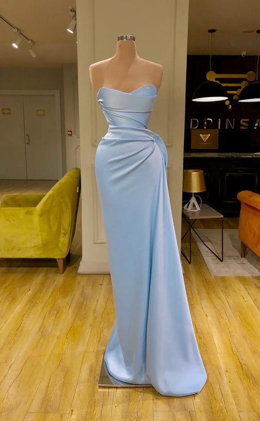 RP1778-Elegant Sky Blue Mermaid Sweetheart Pleated Sleeveless Satin Prom Evening Dresses Formal Party Gowns