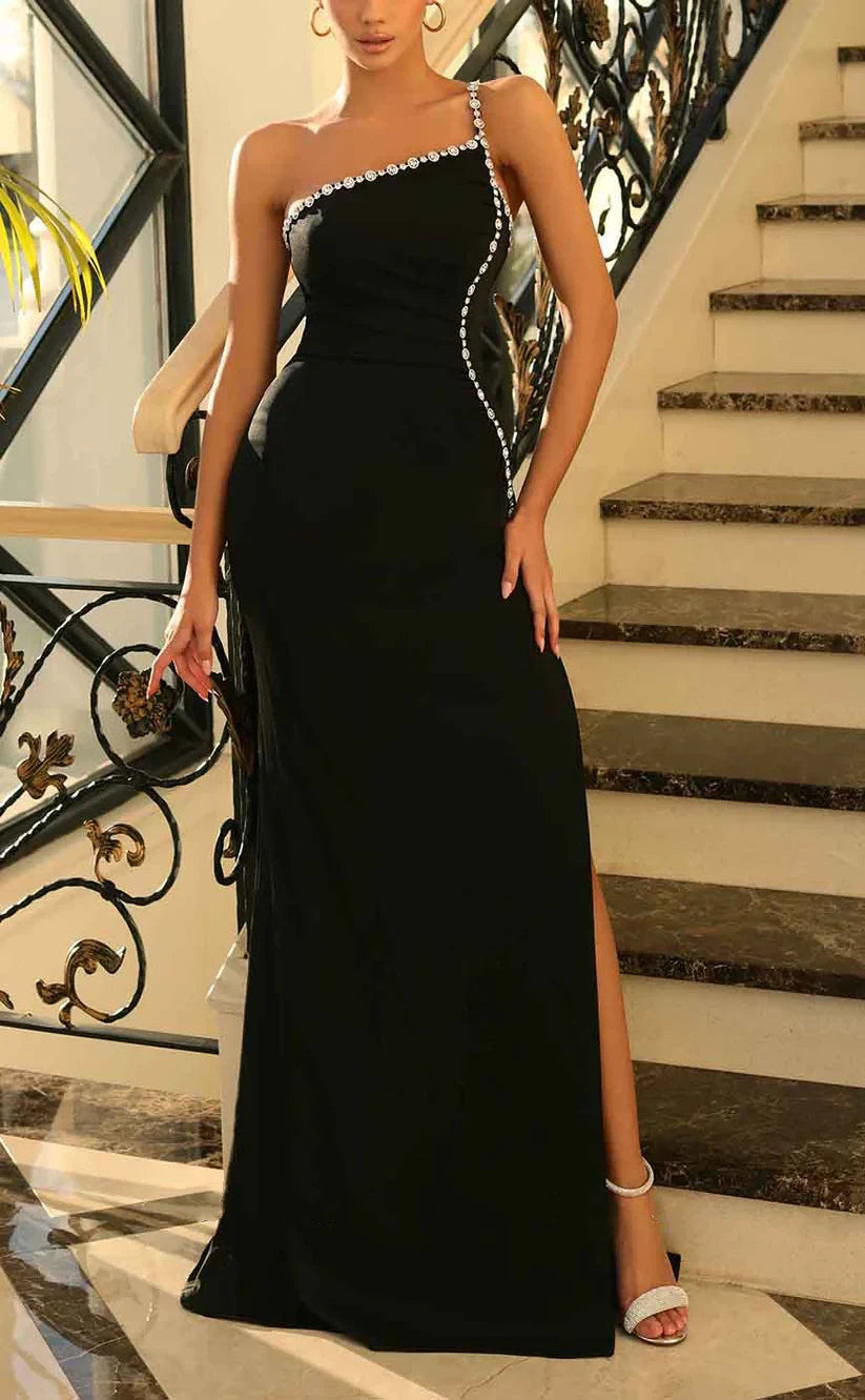 RP816-Sexy Black Mermaid One Shoulder Ruched Crystals Long Prom Evening Dresses Formal Party Gowns With Slit