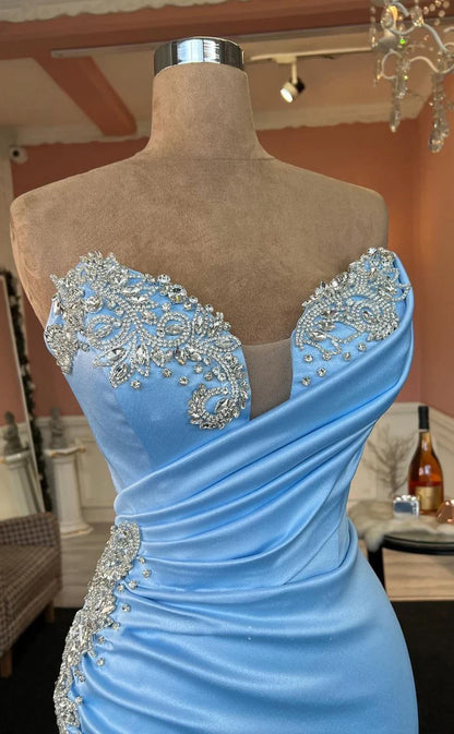 RP1777-Elegant Sky Blue Mermaid Sweetheart Crystals Sleeveless Satin Prom Evening Dresses Formal Party Gowns With Slit