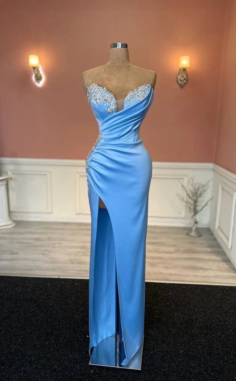 RP1777-Elegant Sky Blue Mermaid Sweetheart Crystals Sleeveless Satin Prom Evening Dresses Formal Party Gowns With Slit