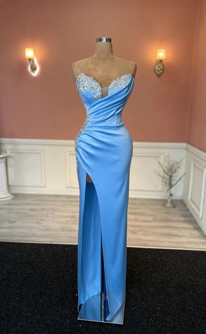 RP1777-Elegant Sky Blue Mermaid Sweetheart Crystals Sleeveless Satin Prom Evening Dresses Formal Party Gowns With Slit