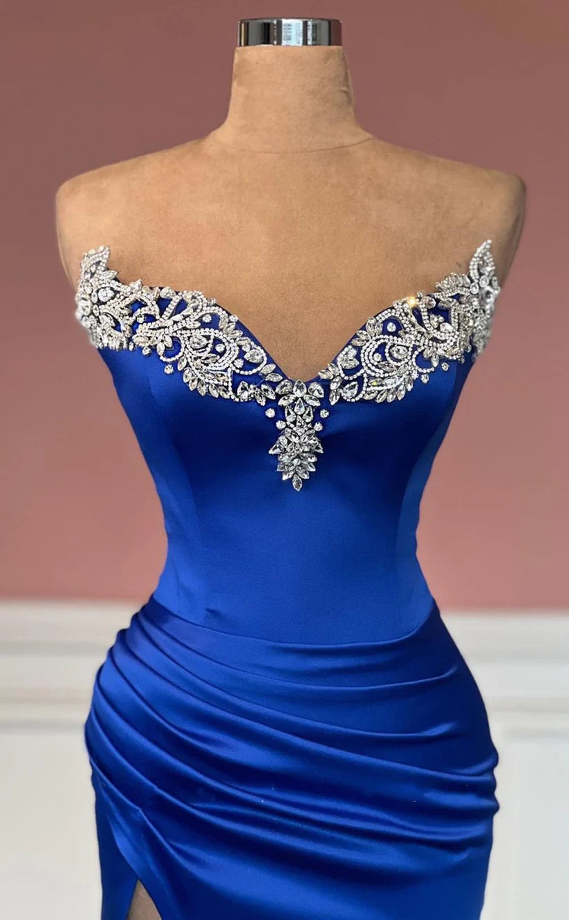 RP1776-Elegant Royal Blue Mermaid Sweetheart Crystals Sleeveless Satin Prom Evening Dresses Formal Party Gowns With Slit