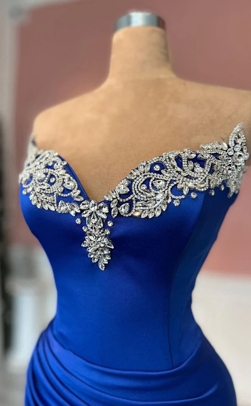 RP1776-Elegant Royal Blue Mermaid Sweetheart Crystals Sleeveless Satin Prom Evening Dresses Formal Party Gowns With Slit