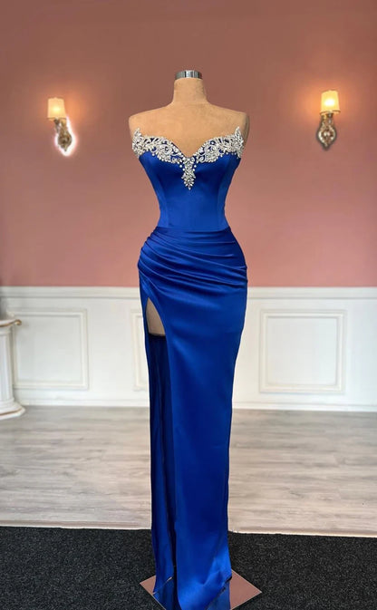 RP1776-Elegant Royal Blue Mermaid Sweetheart Crystals Sleeveless Satin Prom Evening Dresses Formal Party Gowns With Slit