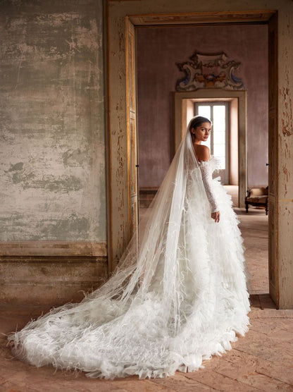 Elegant & Simple A-Line Wedding Dresses Sweetheart Appliqued Feather Long Sleeves Tulle Sweep Train Bridal Gowns