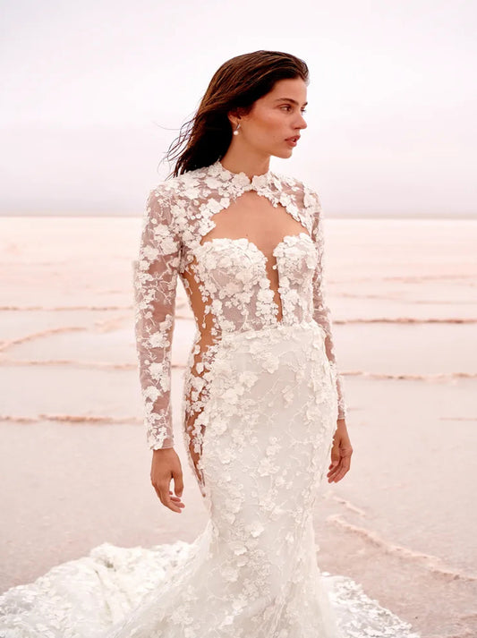 Elegant & Gorgeous Mermaid Wedding Dresses Sweetheart Appliqued Illusion Long Sleeves Sweep Train Tulle Bridal Gowns Custom