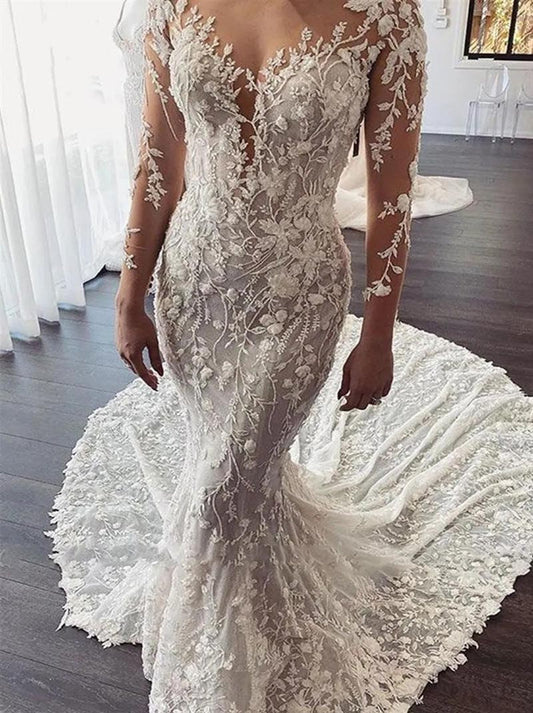 Romantic Mermaid Wedding Dresses Sheer Neck Illusion Long Sleeves Appliques Beads Buttons Ivory Lace Court Train Bridal Gown For Women