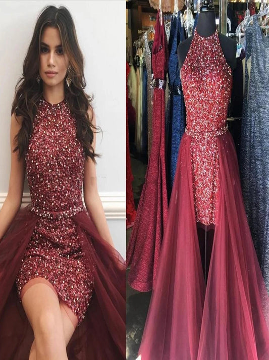 Sparkly Burgundy Hi-Low Jewel Neck Sleeveless Beading Sequins Sheath Tulle Detachable Over Skirt Prom Homecoming Dresses Cocktail Party Gowns