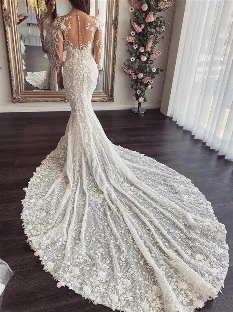 Romantic Mermaid Wedding Dresses Sheer Neck Illusion Long Sleeves Appliques Beads Buttons Ivory Lace Court Train Bridal Gown For Women