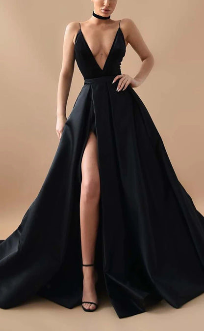 RP821-New Arrivals A-Line Black Spaghetti Long Prom Evening Dresses Formal Party Gowns With Slit
