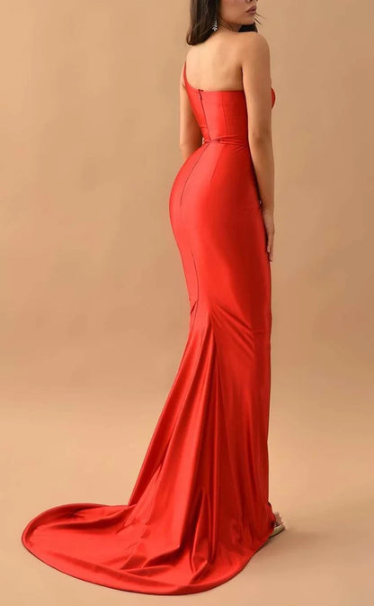 RP822-New Red Mermaid One Shoulder Ruched Long Prom Evening Dresses Formal Party Gowns With Cut-Out