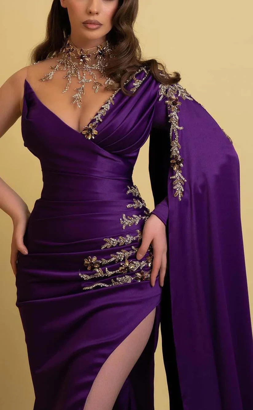 RP823-New Purple Mermaid One Shoulder Ruched Appliqued One Long Sleeve Prom Evening Dresses Formal Party Gowns With Side Slit